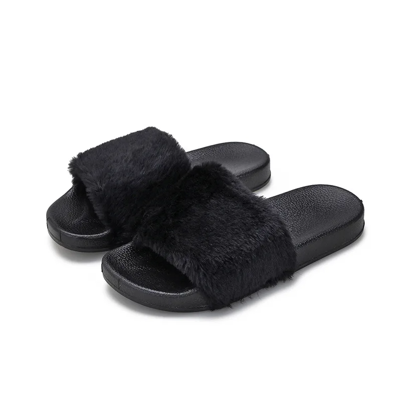 

2021 Winter Women House Furry Sandals Fashion Faux Fur Warm Comfortable Women Flats Female Slides Black Plush Sandalias Mujeres