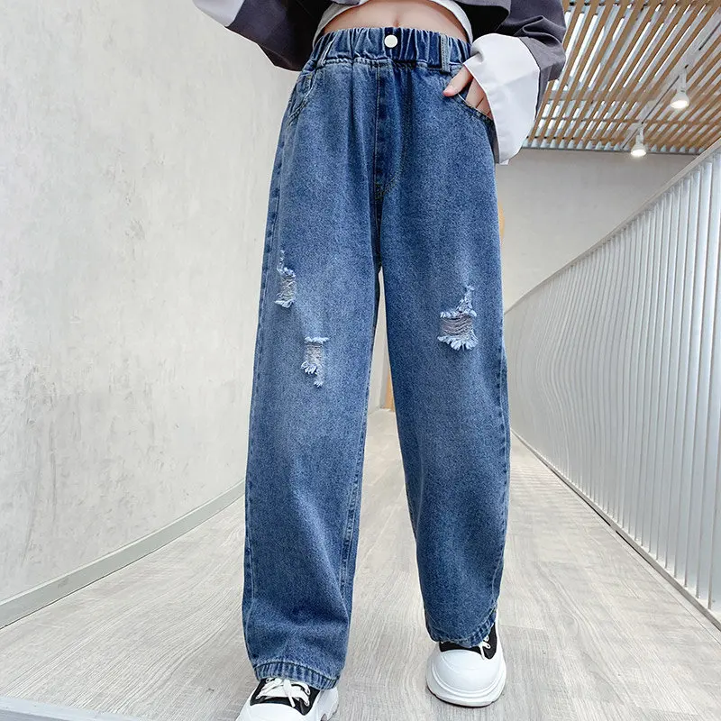 Jeans For Girls Solid Wide Leg Pants Kids Ripped Hole Loose Trousers Teen Spring Autumn Kids Girls Clothes 6 8 10 12 14Years Old
