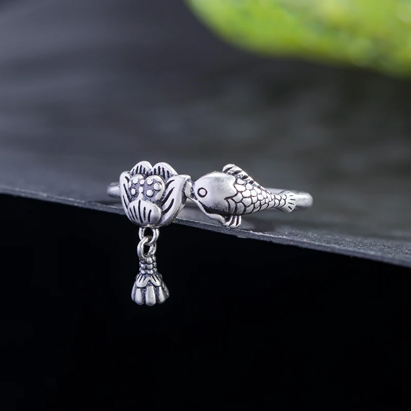 

Женское Винтажное кольцо с лотосом VLA, открытое ювелирное изделие из настоящего серебра 925 пробы в китайском стиле, простое кольцо с рыбой, о...