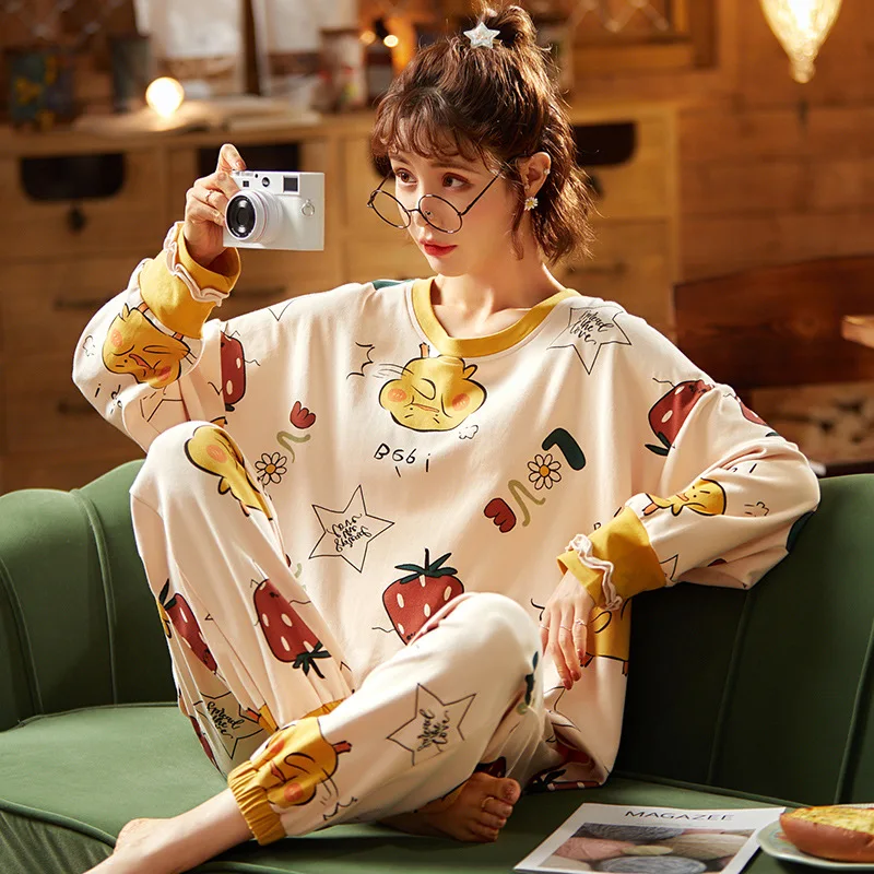 

O-Neck Autumn Winter Girls Nightwear Casual Yellow Trousers Homewear Women Cute Cartoon Pajamas Set Cotton Long Sleeve Sleepwear