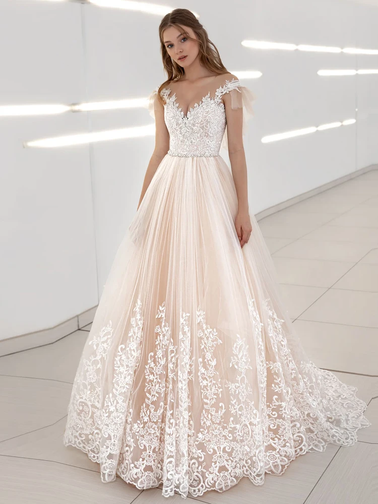 Свадебные платья Booma цвета шампань кружевные аппликации без рукавов вечерние