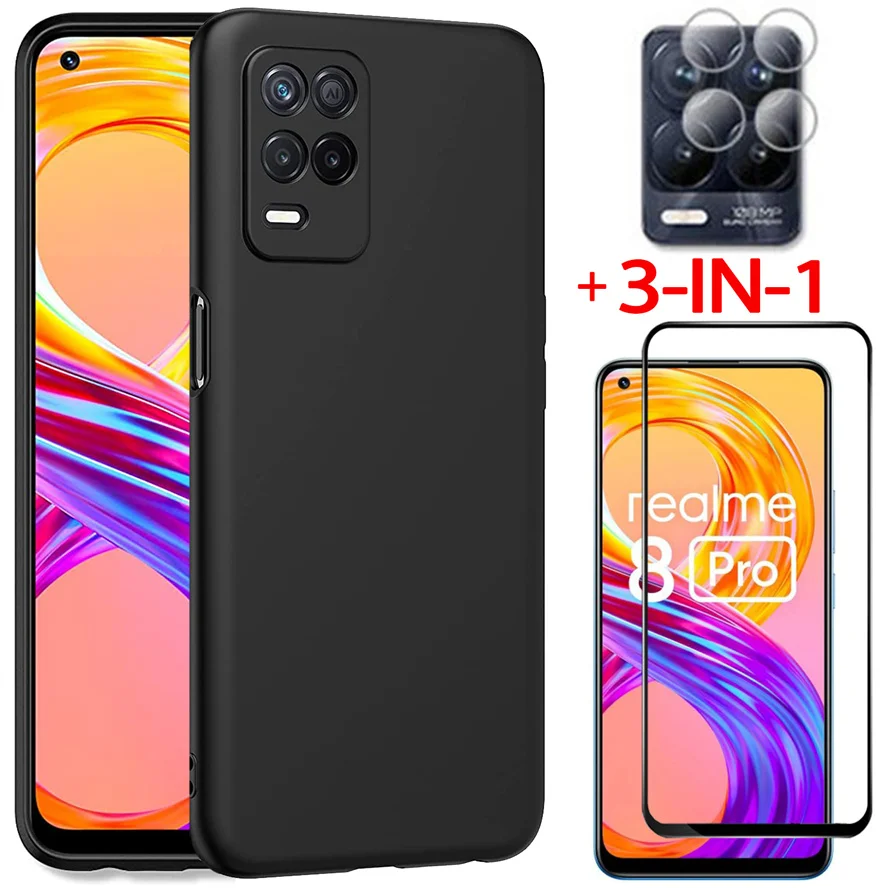 

3-in-1, matte case + glass for realme-8pro soft liquid tpu phone cases realme8 4g oppo realmi 8 pro cover realme 8 pro case