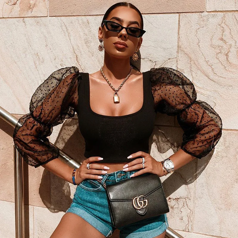 Сексуальный женский кружевной прозрачный топ в горошек с квадратным вырезом и