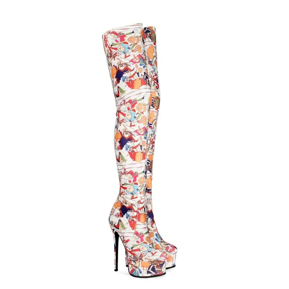 

OEING Womens Round Toe Platform Printed Mixed Colors Over The Knee Boots Stilettos Stretchy High 15CM Heel Winter Shoes Sz