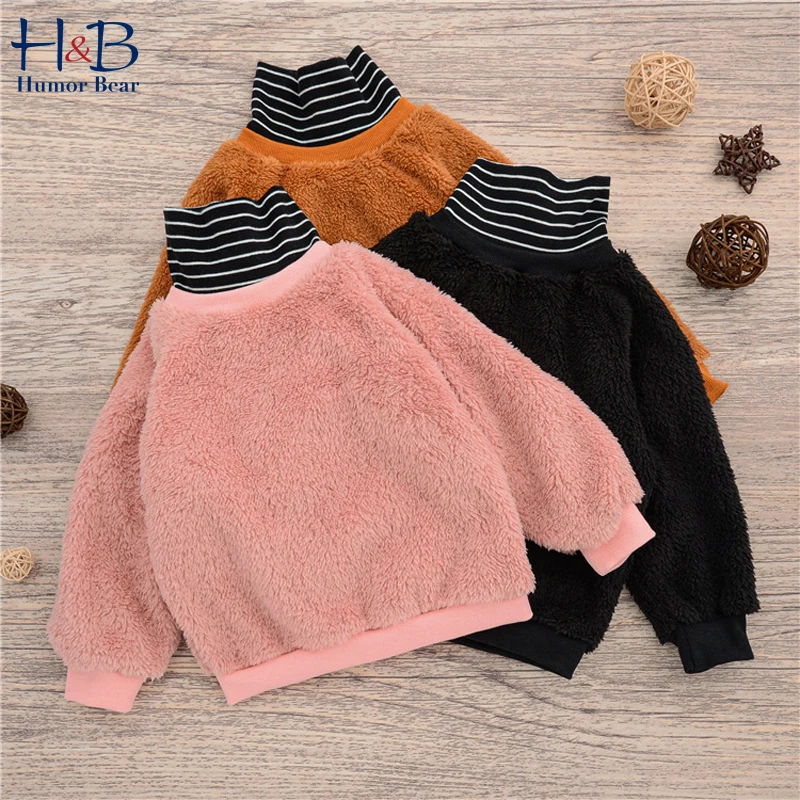 

Humor Bear Kids Sweater 2021 Spring Autumn Long-Sleeve Striped Turtleneck Solid Color Thick Fur Casual Children Outwear Blouse