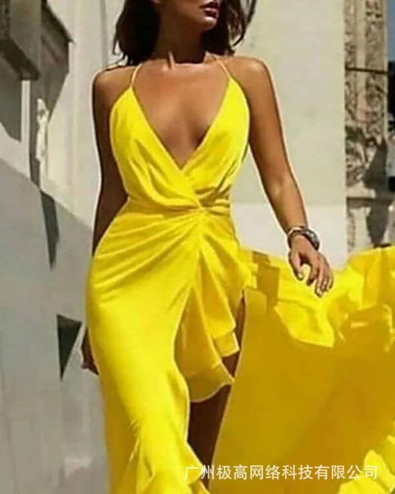 

Women Spaghetti Strap Ruffles Hem Slit Long Dress
