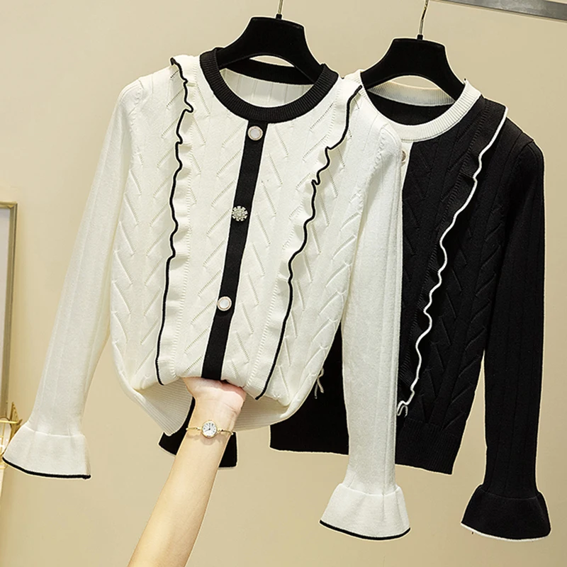 

LJSXLS Winter Clothes Ruffles Knitted Sweaters Pullovers Autumn Women Jumper Sweater Pull Femme Flare Sleeve Korean Tops 2020