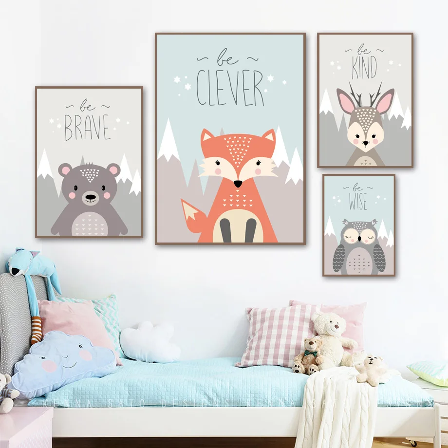 Из хлопка с изображением лисы медведя оленя совы цитаты Wall Art Холст Картина Nordic