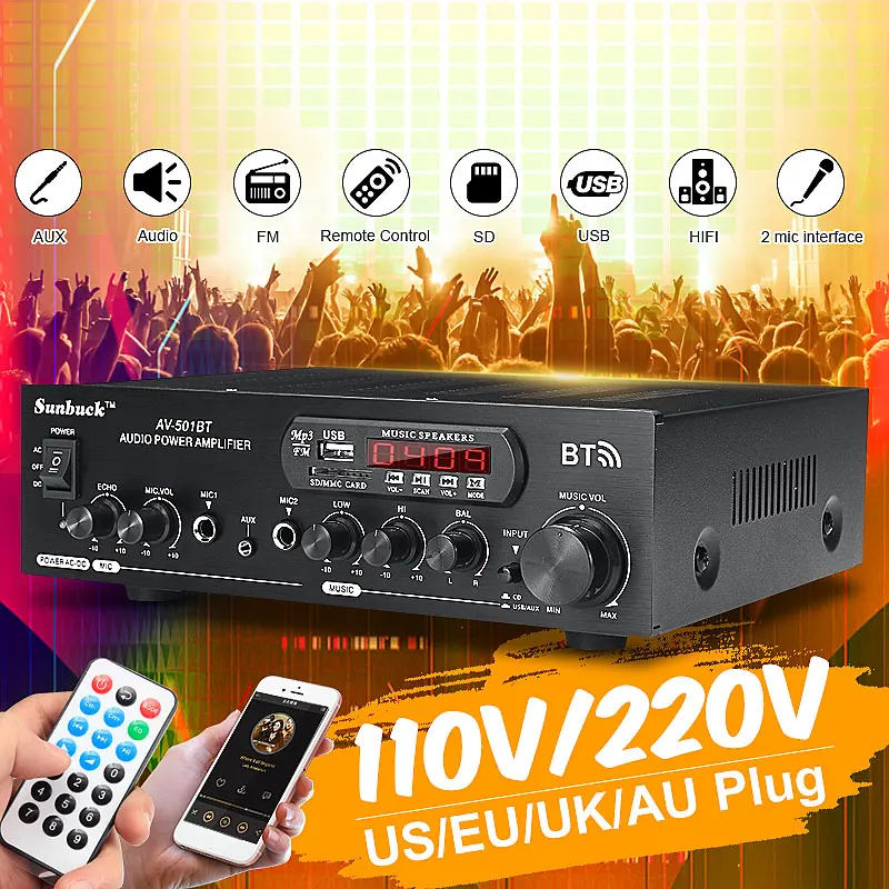 

1200W 110V/220V bluetooth двухканальный караоке Вход цифровой ревербератор домашний усилитель стерео Поддержка поддержкой USB, SD карт памяти, fm-радио AUX ...