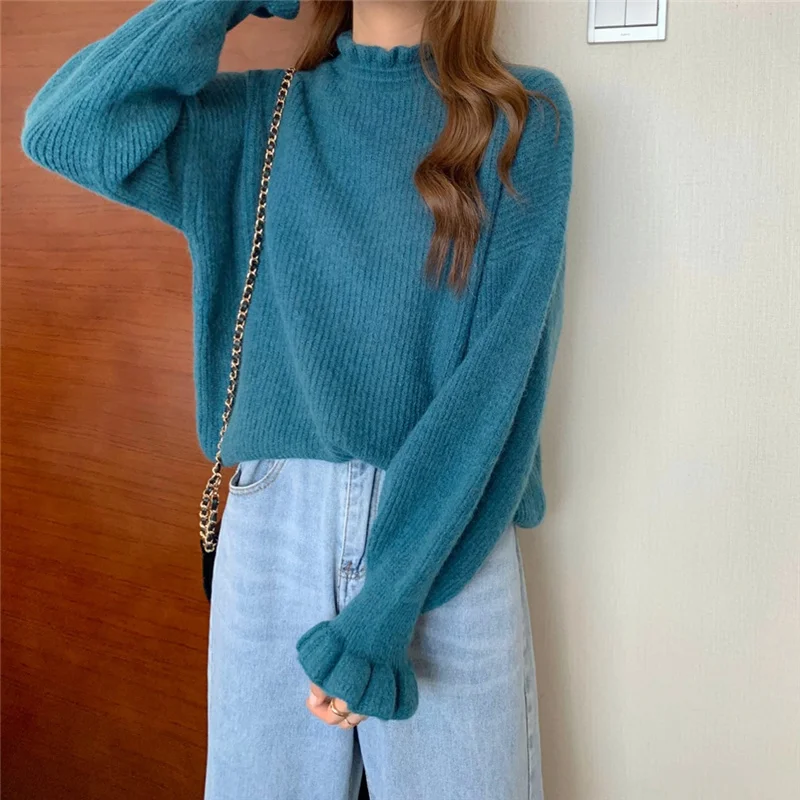 

Women Knitted Sweater Wool Pullover Oversized Lantern Sleeve Flare Ruffled Cuff Korea Style Thick Long Sleeves Hipster Clothes