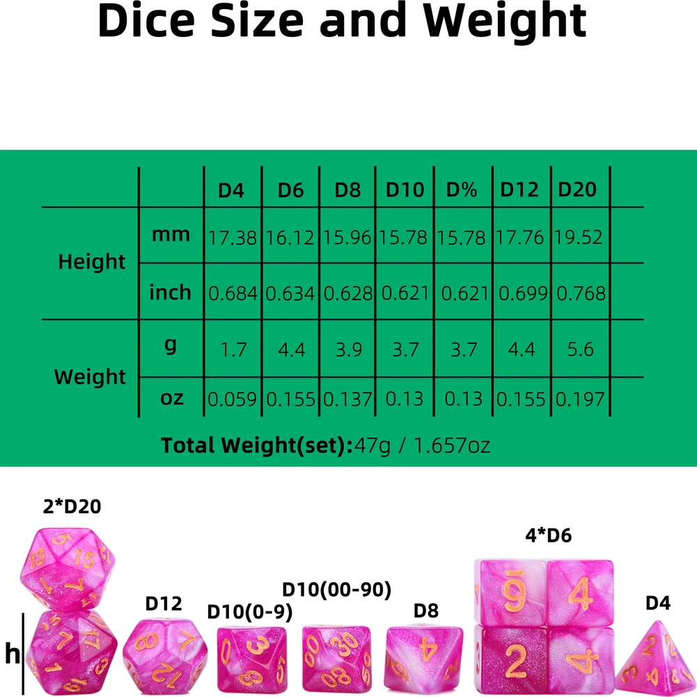 

Galaxy Nebula Dice Set Glittery Pink and White Colors 11pc Dice with Drawstring Pouch For Tabletop Games DnD 5e