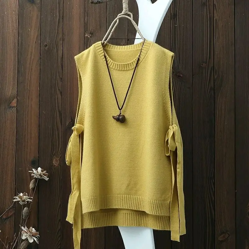 

new style literary round neck solid color knitted waistcoat women's vest with wide loose pullover waistcoat with slits