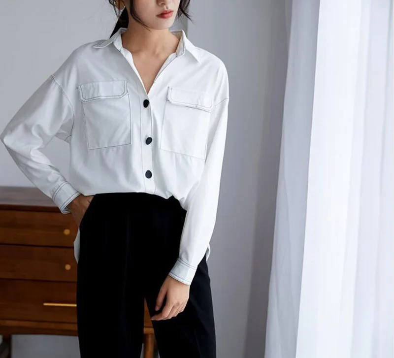 Женская свободная рубашка весна осень 2019 длинный рукав отложной воротник