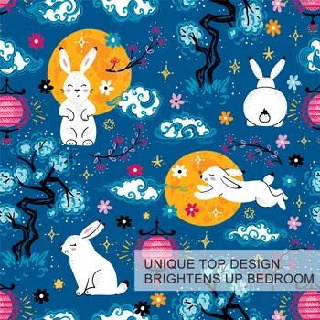 BlessLiving Cute Rabbit Bedding Set Chinese Mid Autumn Festival Duvet Cover Full Moon Bed Set Cartoon Bedspread for Kids Bedroom 3
