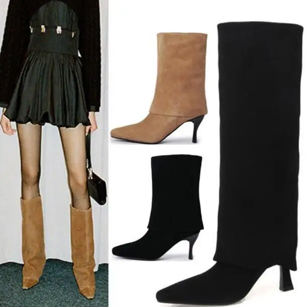 Fashion Woman Black Khaki Solid Color Suede Fold Knee High Frosted Trouser Boots Female Square Toe Tube Slip On Slim Long Botas