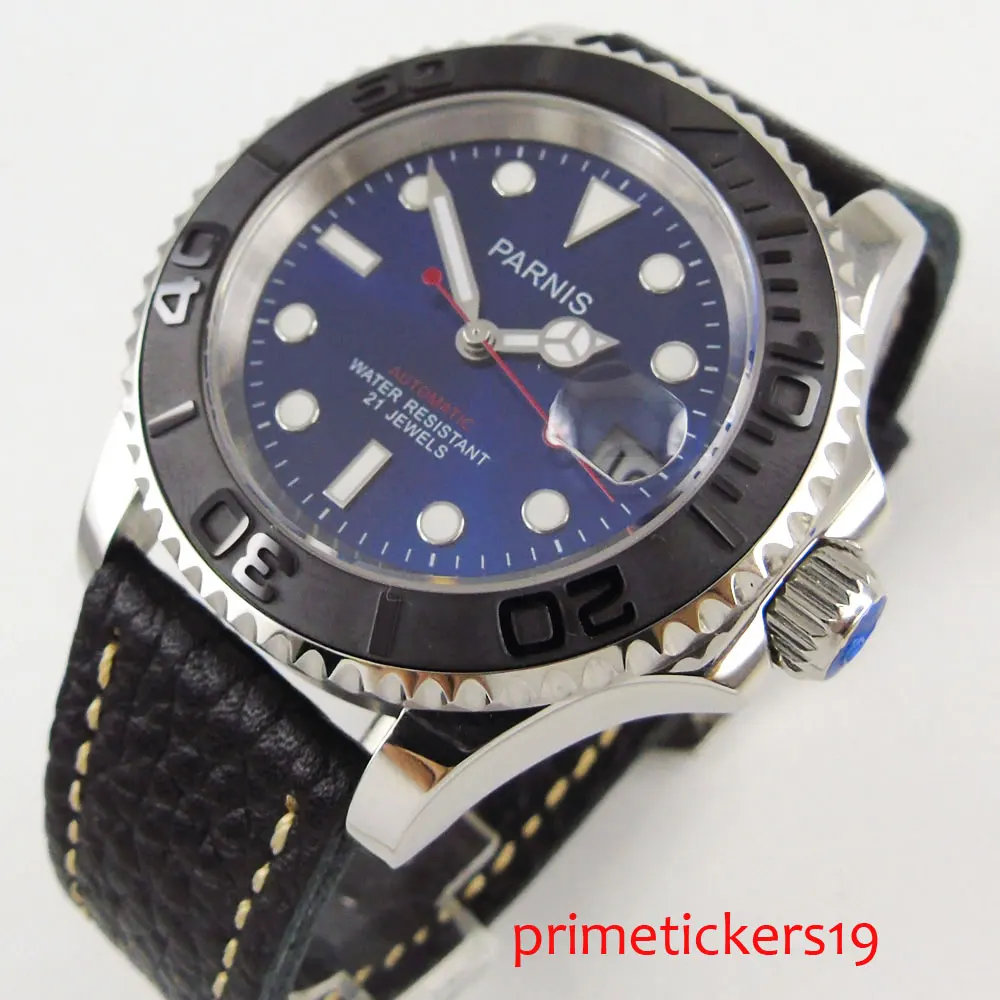 Синий циферблат 41mm Автоматическая Дата сапфировое стекло кожаный ремешок