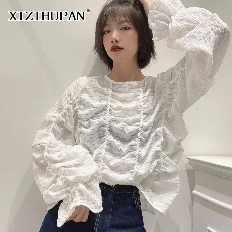 

XIZIHUPAN Casual Ruched Solid Shirt For Women O Neck Long Sleeve Loose Minimalist Elegant Shirts Female Fashion Spring Clothing