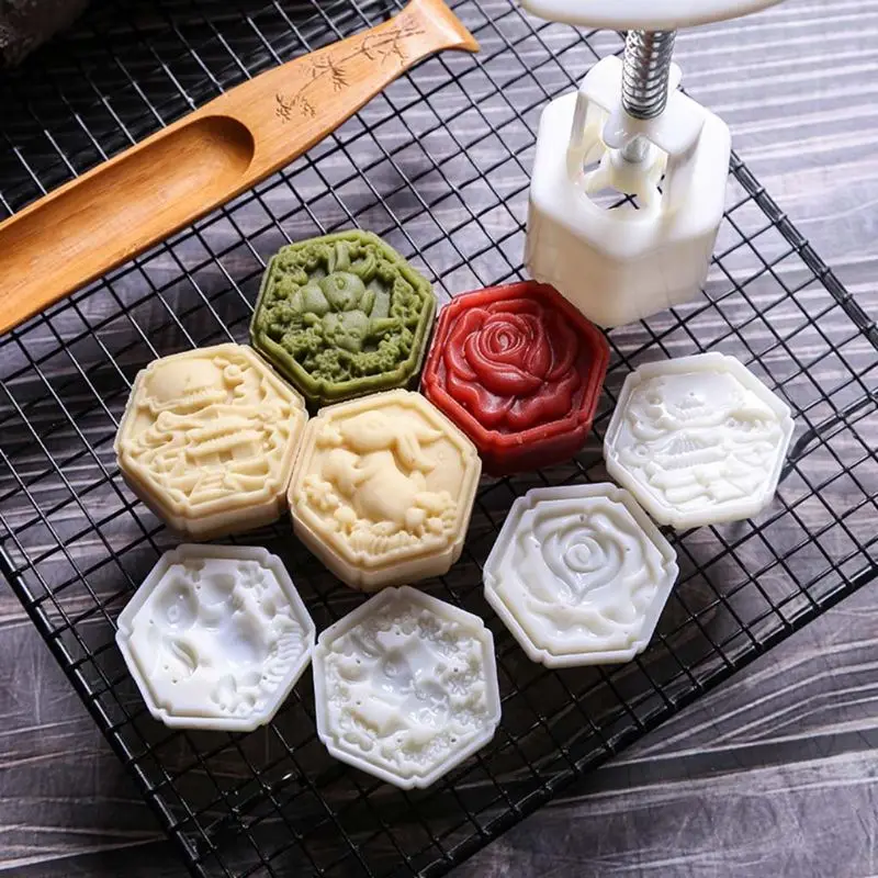 

50g Mooncake Barrel Mold with 4pcs Square Flower Stamps Hand Press Moon Cake