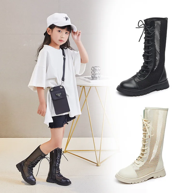 

2021 Summer New British Style Children's Martin Boots Girls' Net cloth Breathable Shoes Fashion High Top Boots 4-15 Years Old