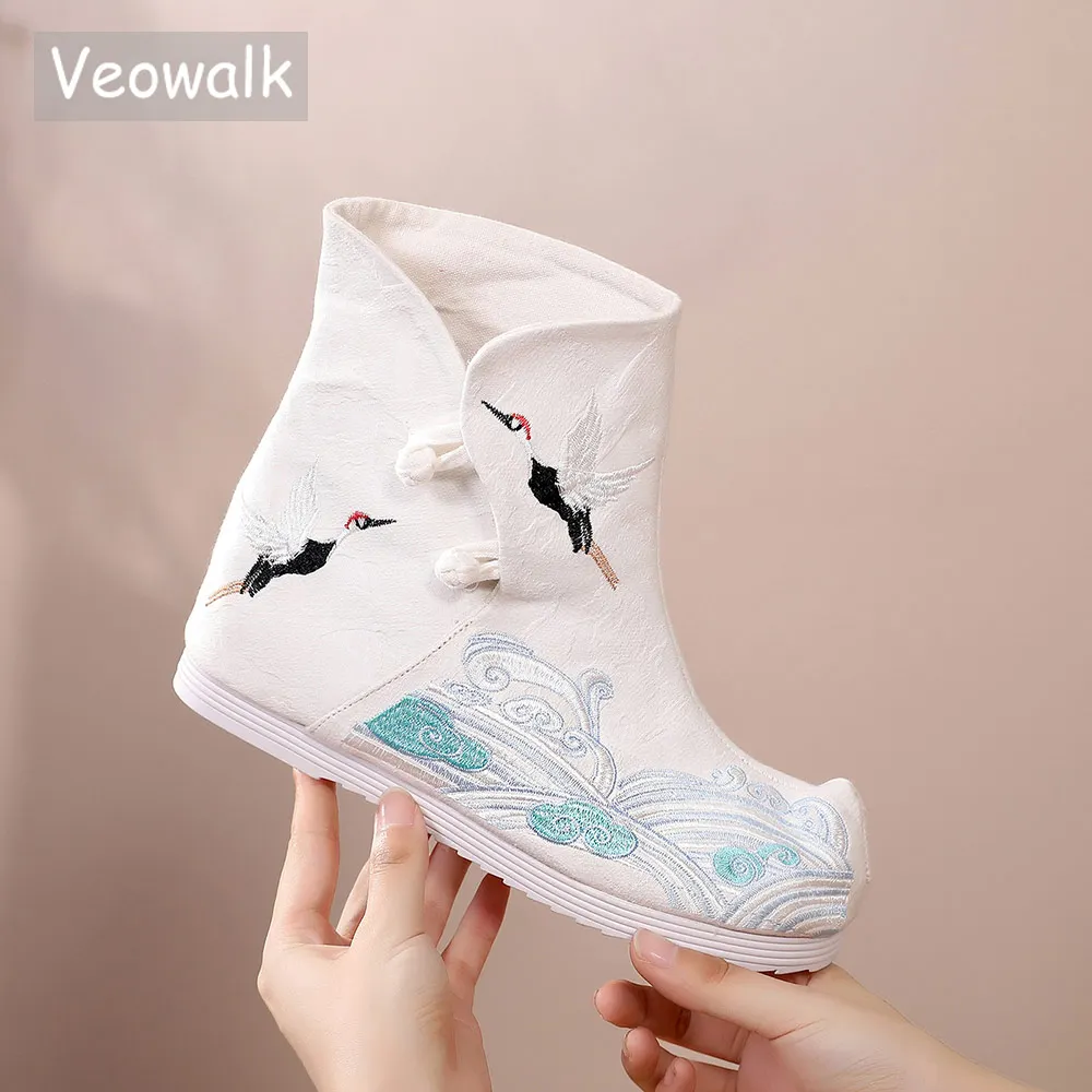 Veowalk Crane/женские парусиновые ботильоны с вышивкой, на платформе, с носом, женский костюм, ботинки для косплея, винтажная Осенняя обувь