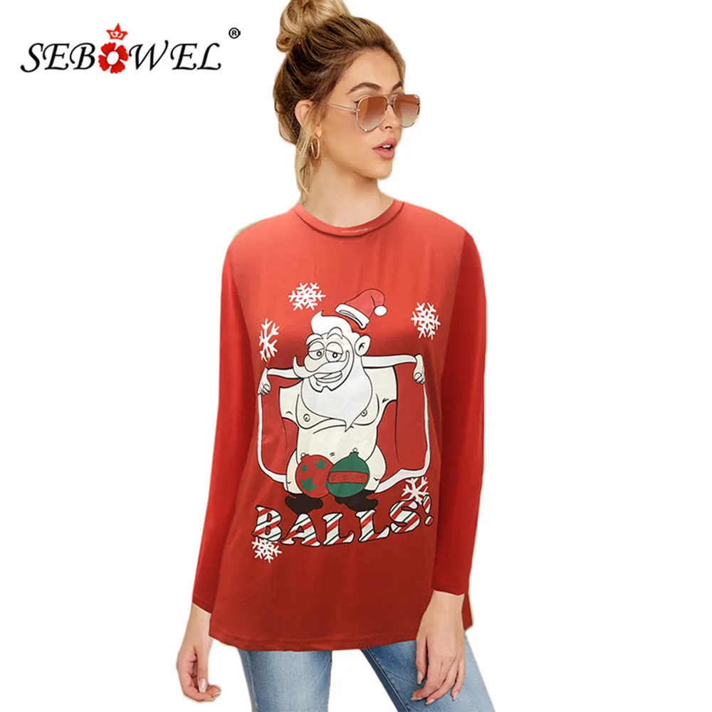 

SEBOWEL Autumn Christmas Pattern Print Round Neck T-Shirt for Women Long Sleeve Santa Claus Top Female Red Cartoon T-shirts