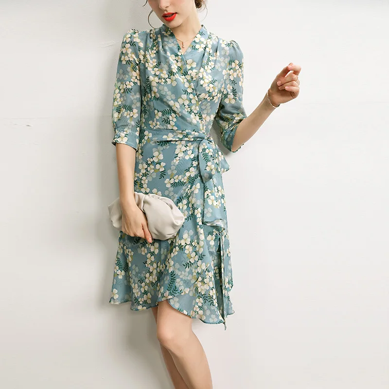 

Silk Dress Mid-length Female Summer Elegant Ruffled Print Crepe De Chine Three-quarter Sleeve Mulberry Silk Skirt