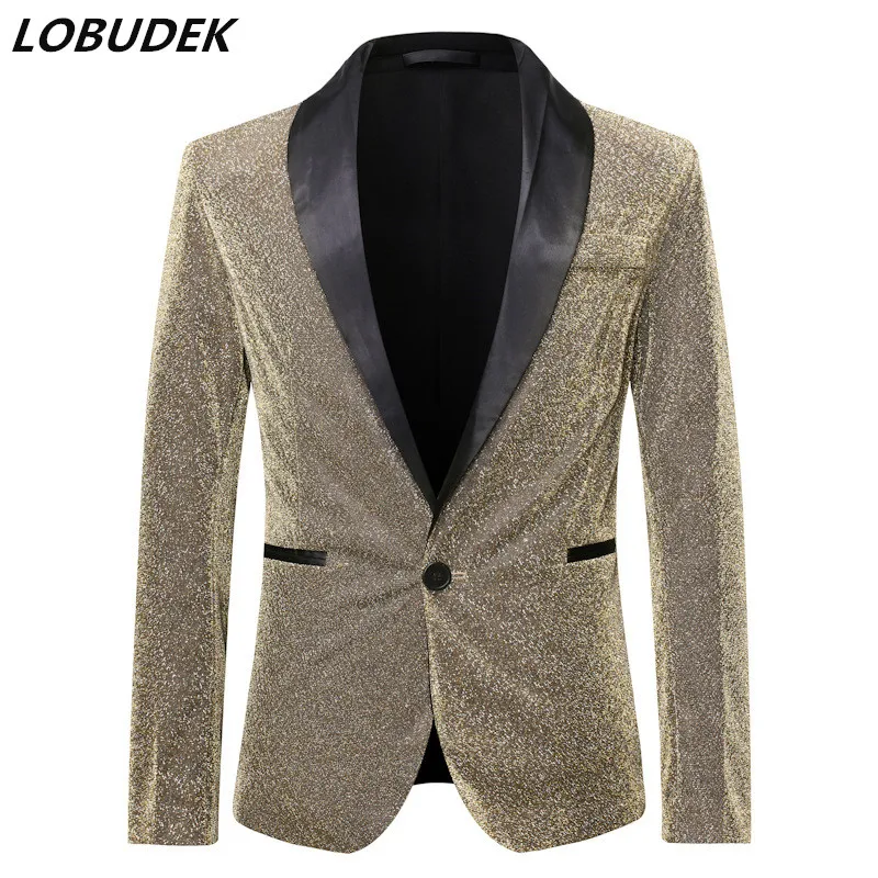 

Shawl Collar Golden Silk Blazer Men Singer Host Stage Suit Jacket Fashion Slim Fit Casual Coat Men's Wedding Groom Blazers