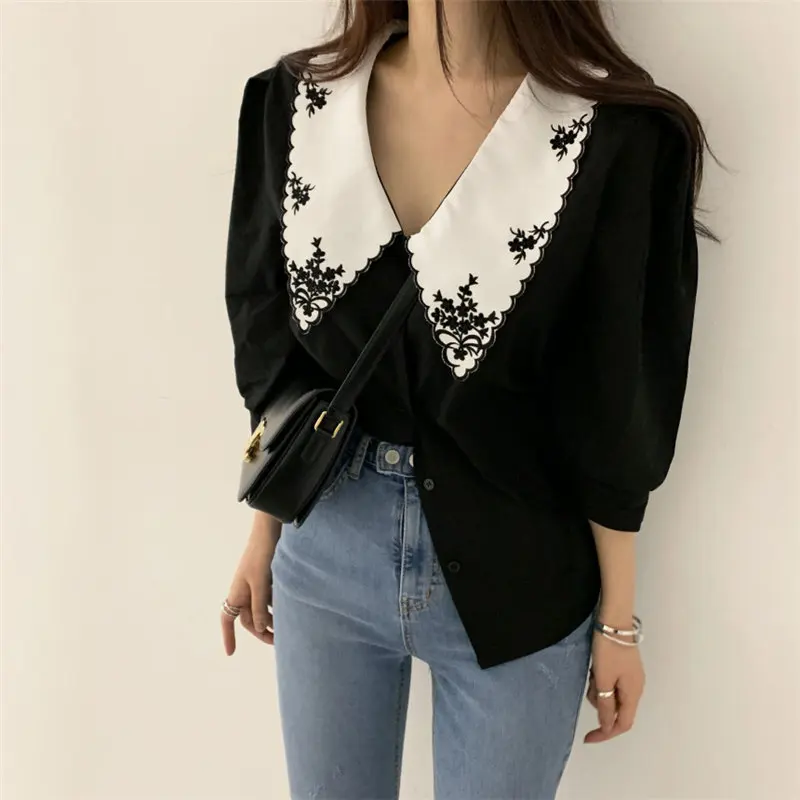 2019 высокое качество кружева шифон блузка рубашка длинный рукав с бисером рубашки