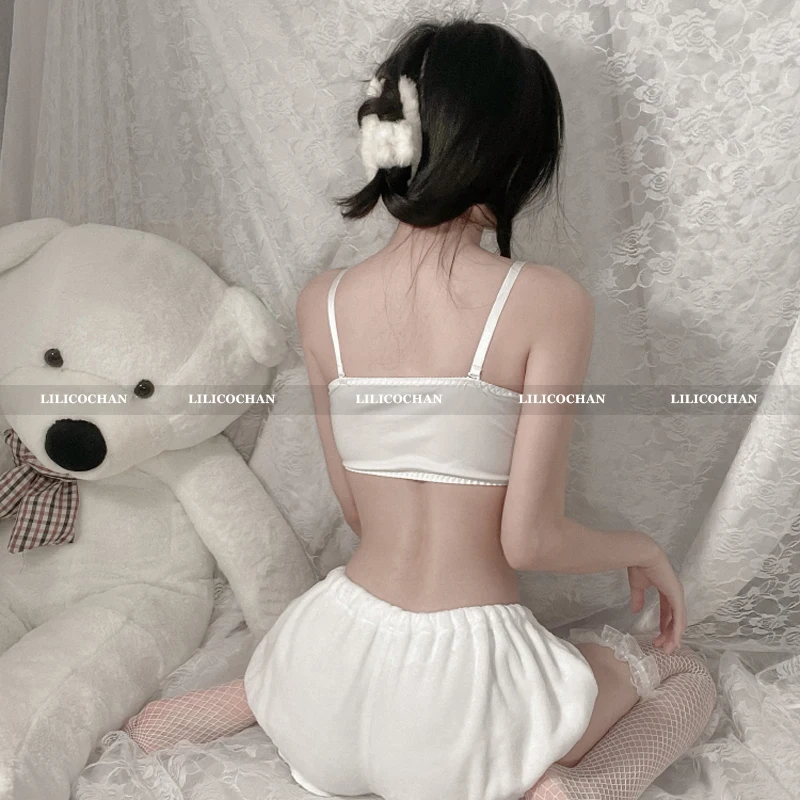 

Kawaii Velvet Tube Top Panties Set for Sweet Girl Sexy Japanese Anime Tank Long Ear Doggy Bra and Cute Bloomers Pink White 2021