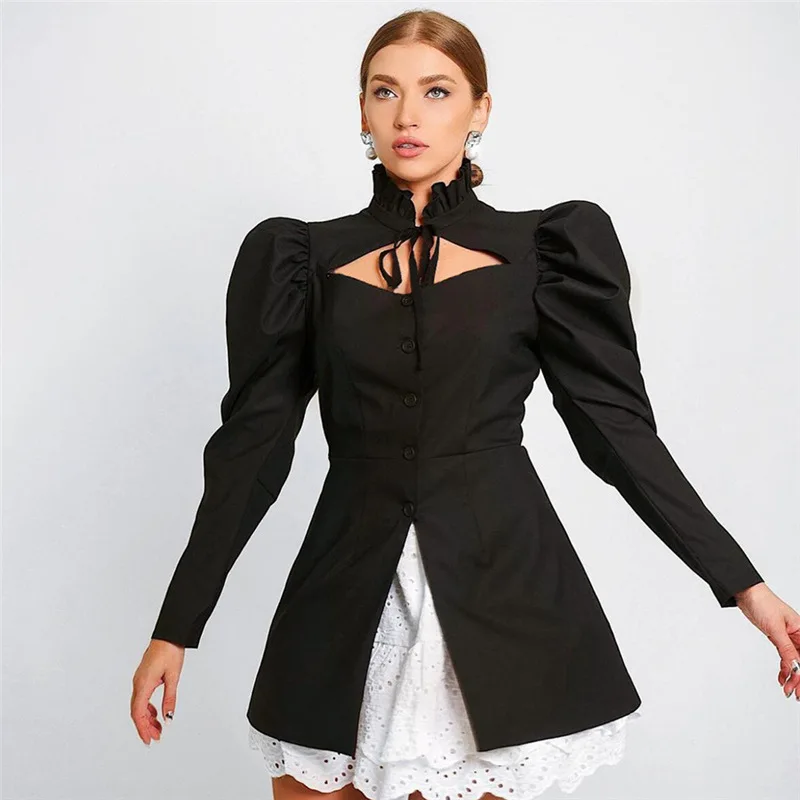 

Vintage Gothic Single-Breasted Shirt Fashion Bow Puff Sleeve Skinny Black Blouse Woman Sexy Spring Autumn Popular Tops 2021