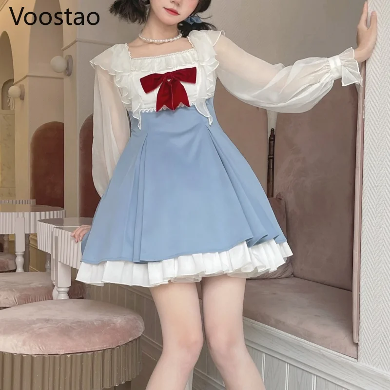 

Japanese Sweet Lolita Dress Women Preppy Elegant Cute Patchwork Bow Party Mini Dresses Girly Harajuku Korean Dress Vestidos 2022