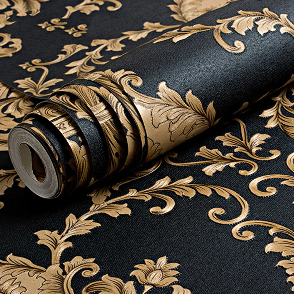

High Grade Black Gold Luxury Embossed Texture Metallic 3D Damask Wallpaper for Wall Roll Washable Vinyl Wall Papers Home Decor