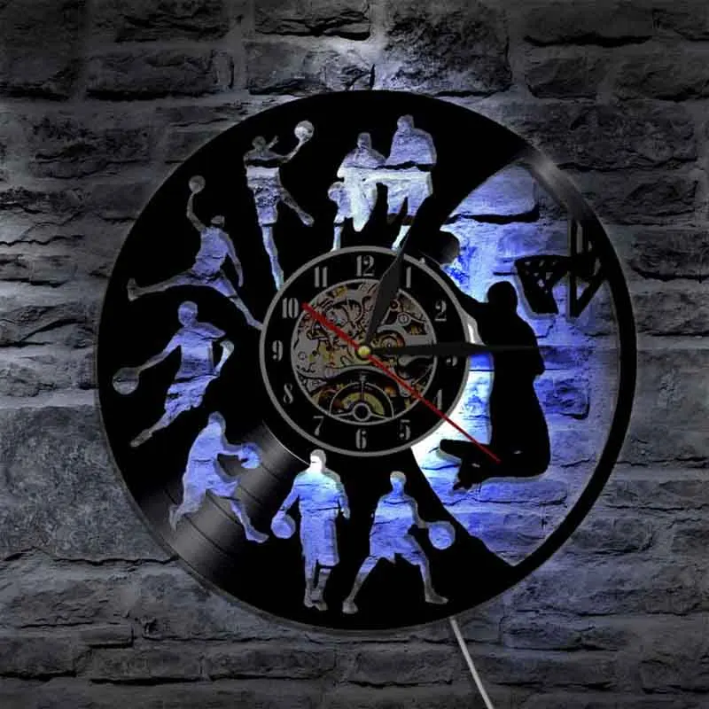 

Vinyl Record Wall Clock with 7 Different LED Lighting Change Decorative Boys Room Basketball Clocks Wall Watch Home Decor