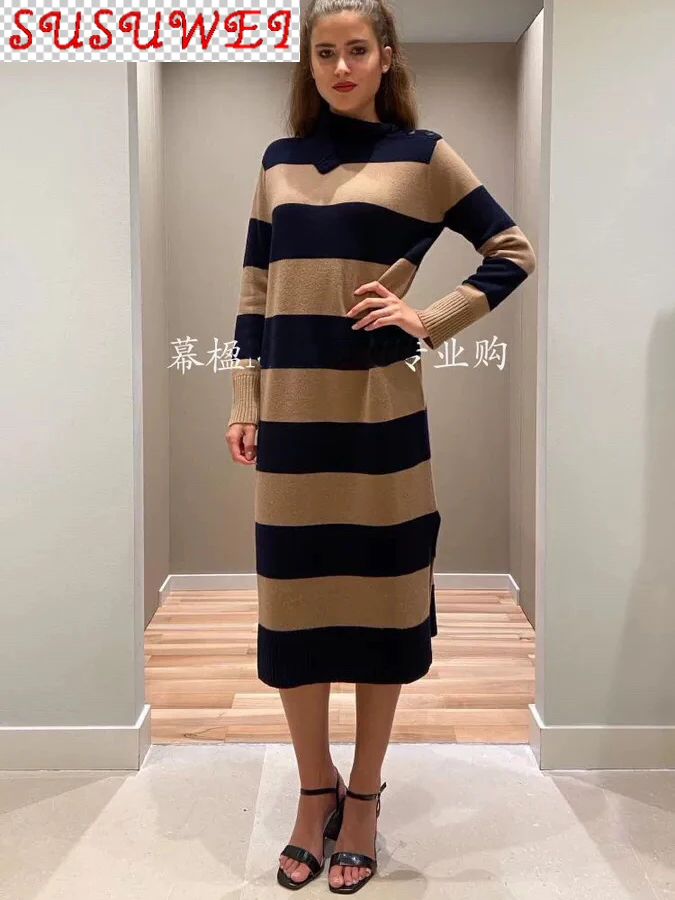 

Роскошный дизайн 2021 Зимняя коллекция шерстяное кашемировое миди трикотажное Элегантное повседневное офисное платье