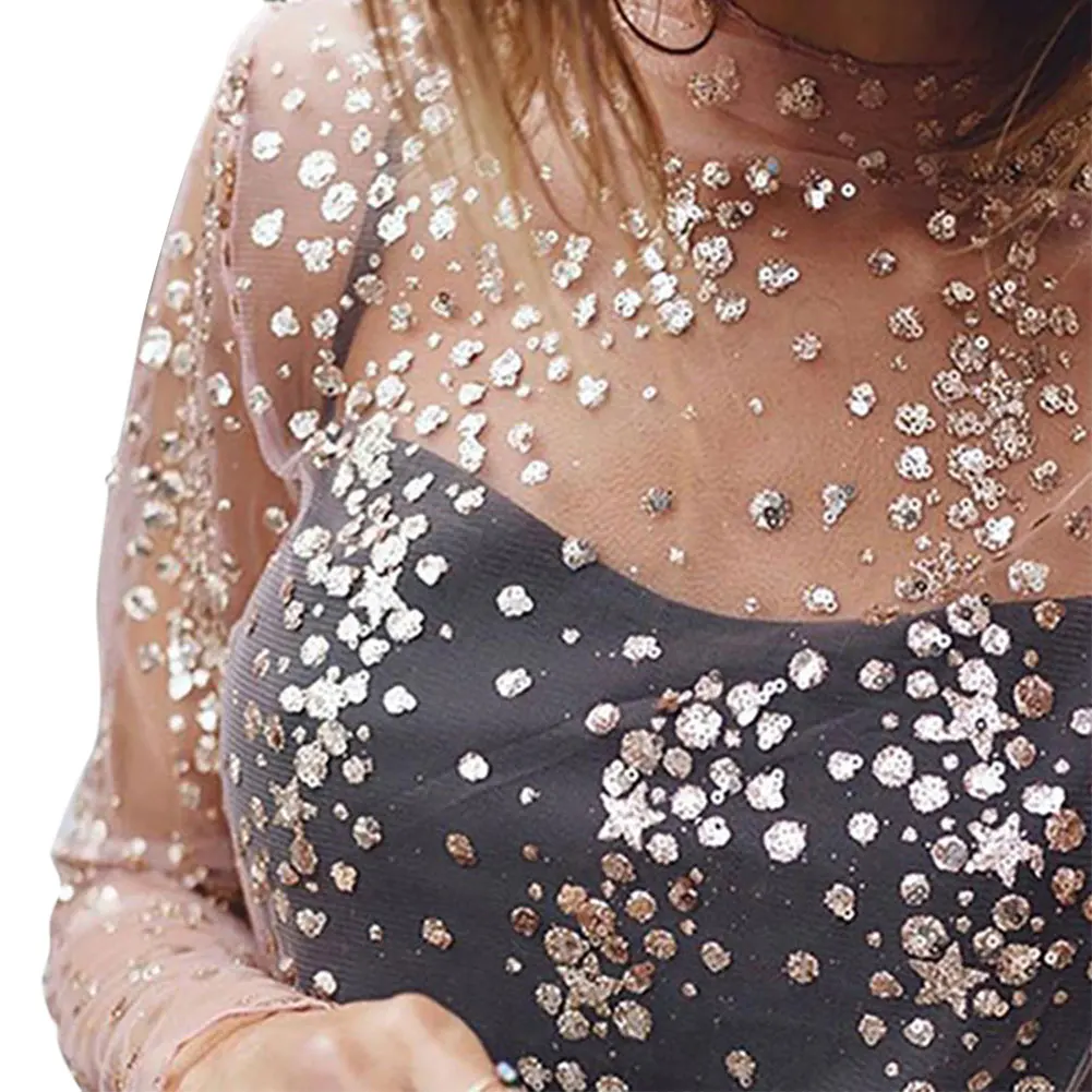 

Hirigin Women Tops Hot Bottoming Lace Shirt Perspective High Neck gauze Ladies Long Sleeve Apricot Dot Stars Mesh Shirt Blouse