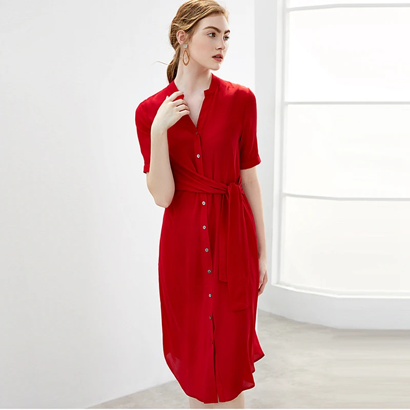 100% шелковое платье для женщин однотонное с поясом и пряжкой v-образный вырез
