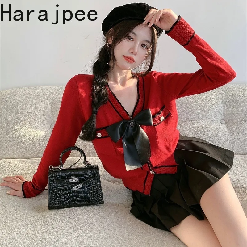 

Harajpee Knitted Cardigan Bow Sweater Red Retro V-neck Single Breasted Coats Commute Korean Chic Spring Autumn New Women Tops