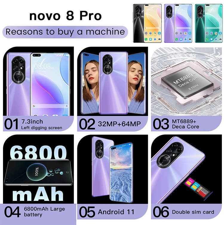 

Novo 8 Pro Smartphone 7.3" Global Unlock HD Full Screen 12GB 512GB 32+64MP Camera 6800mAh Big Battery Mobile Phone