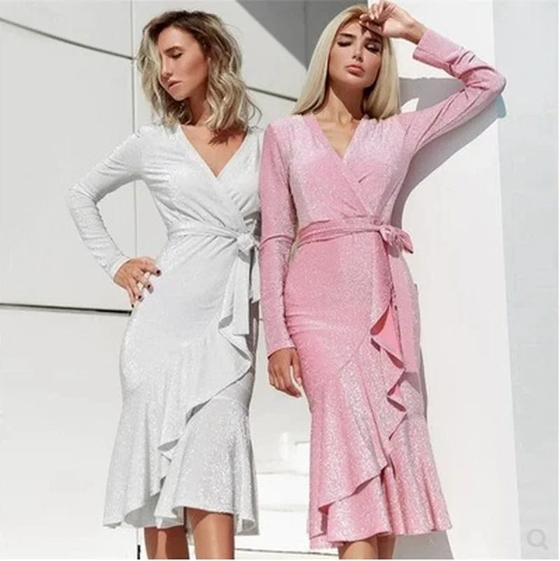 

Donsignet autumn winter new long sleeve v neck bandage irregular dresses for women solid belt dress women