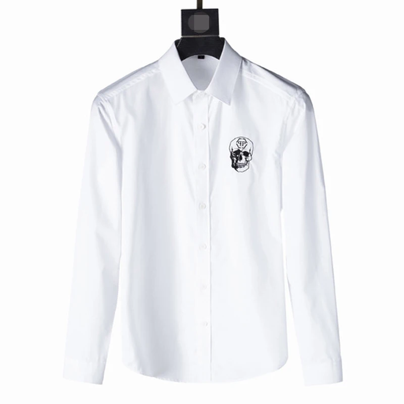 Европейская модная мужская рубашка бренд череп вышивка Chemise homme повседневные мужские рубашки однотонные тонкие рубашки мужские S-3XL