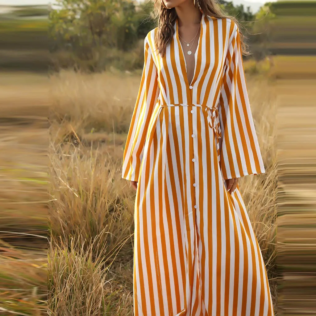 Весенне летнее Большое пляжное платье в черную полоску Свободное длинное