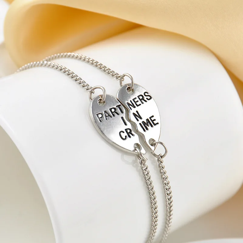 One Pair Fashion Love Heart Charms Best Frineds Couple Bracelet Partners In Crime Silver Color Chain Bracelets Gift
