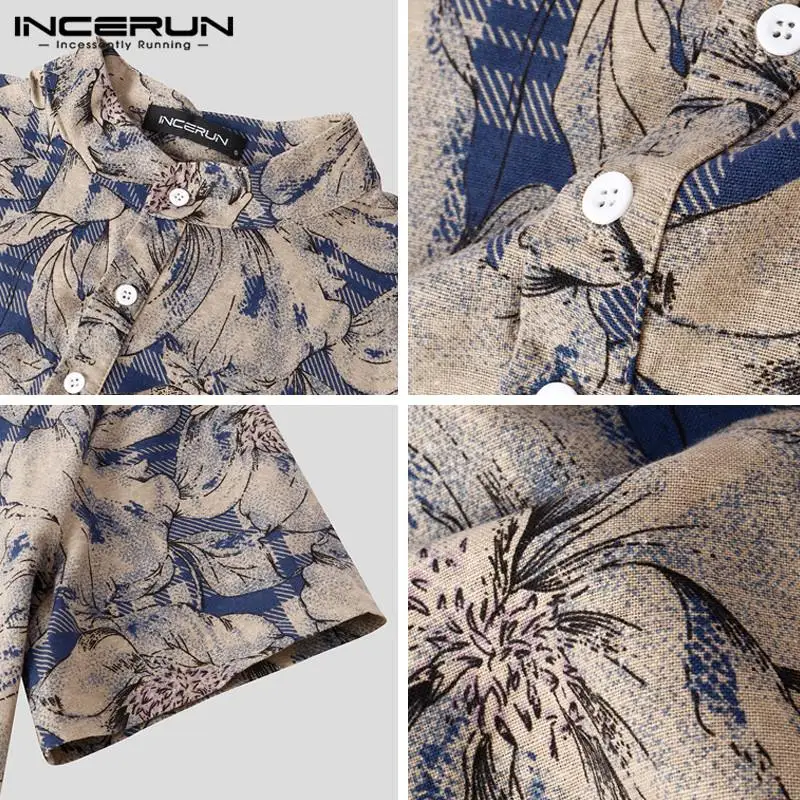 INCERUN Mens Printed Camisa Masculina Summer Hawaiian Blouse Men Vintage Shirts Short Sleeve Lapel Camisa Casual Buttons Blusas