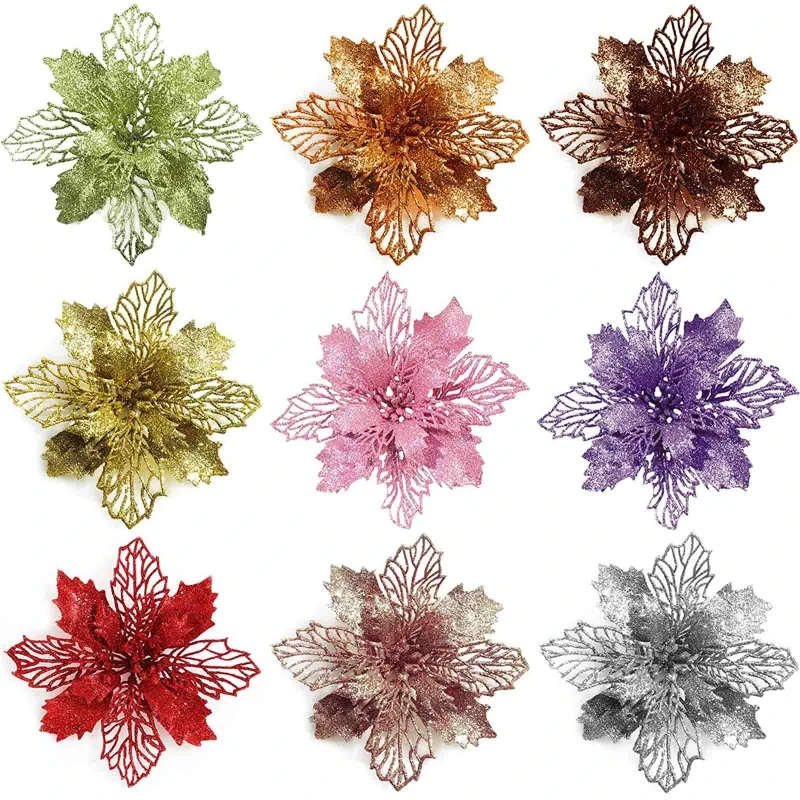 

11cm Christmas Glitter Poinsettia Flower Decorative Xmas Tree Flowers for Wreath Ornaments Wedding Party Spring Festival
