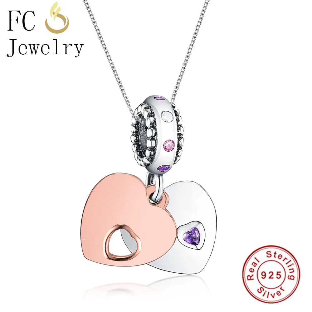 

FC Jewelry 925 Sterling Silver Rose Gold Heart Purple CZ Crystal Pendants Necklace Link Chain European Chokers Trinket 2018 Gift