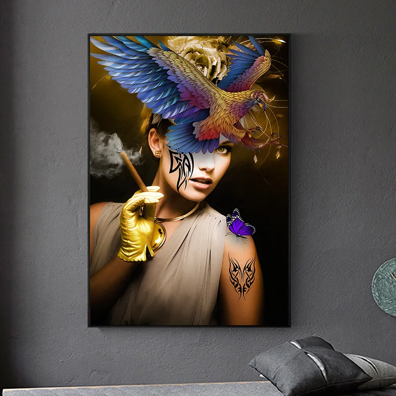 

Abstract Smoking Women Posters Paintings Print on Canvas Wall Art Modern Flower Girl Wall Pictures for Living Room Home Decor