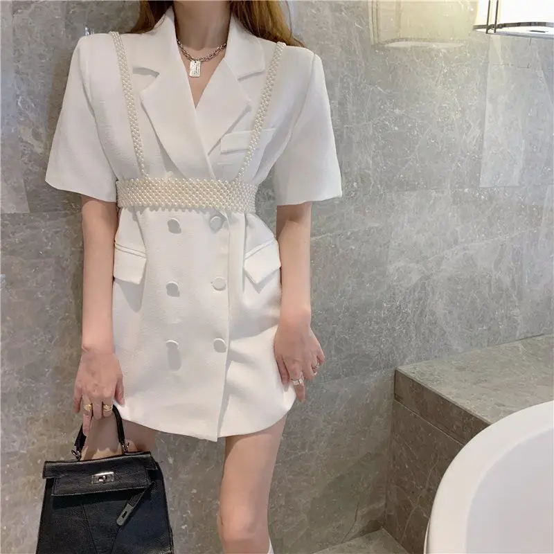 

Women's suit jacket summer 2021 new retro temperament suit mid-length casual French Short sleeve jacket + pearl sling top women