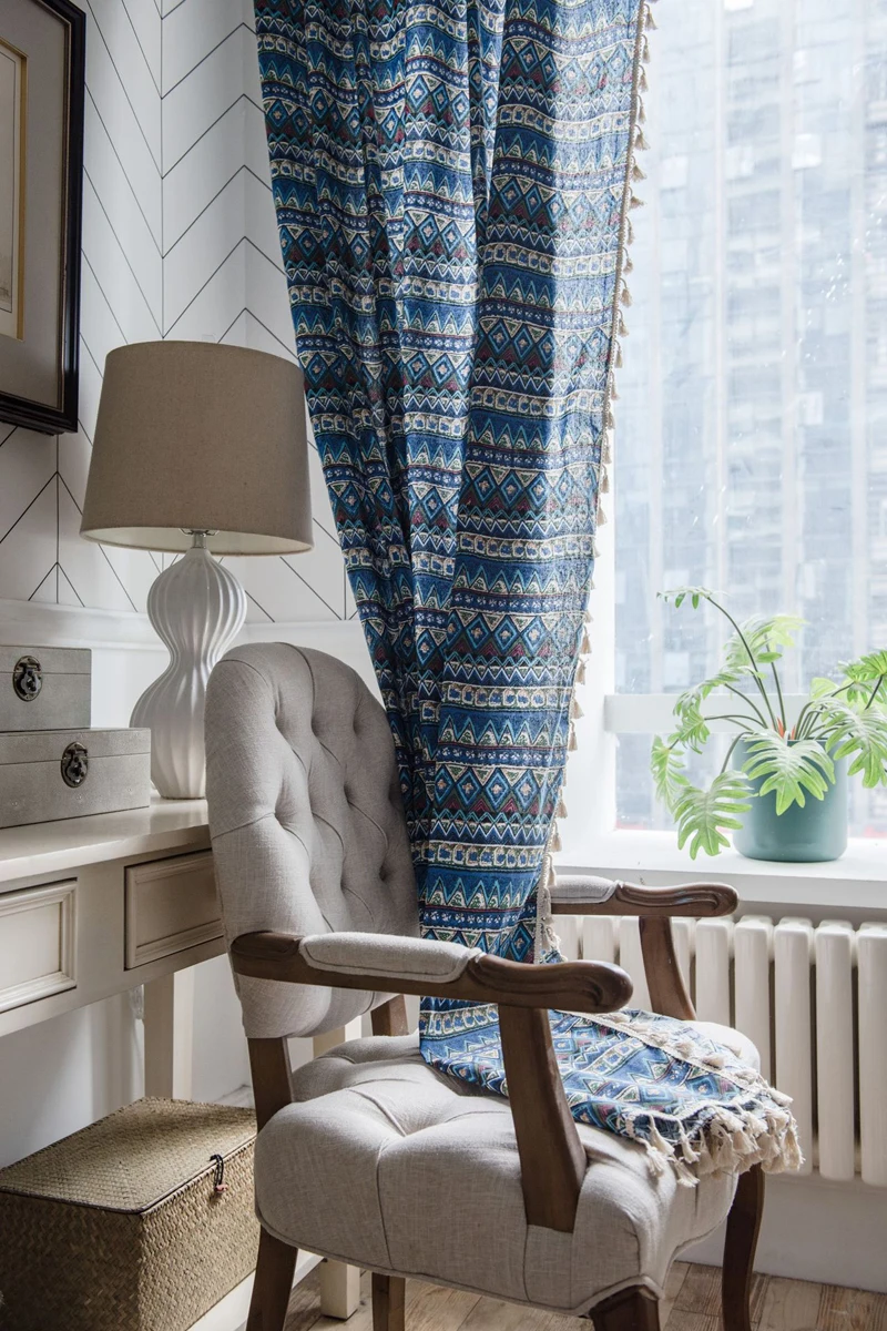 Синяя богемная штора с геометрическим принтом для гостиной спальни