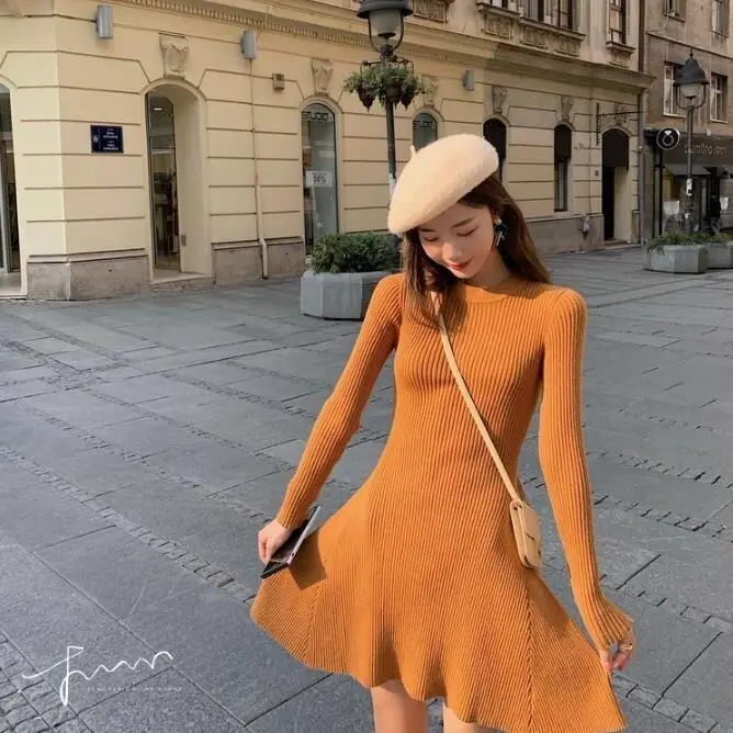 

Elegant Autumn Winter Sweater Dress Women Fashion Irregular Hem Pleated Knitted Dress Casual Striped A-line Pullover Dresses