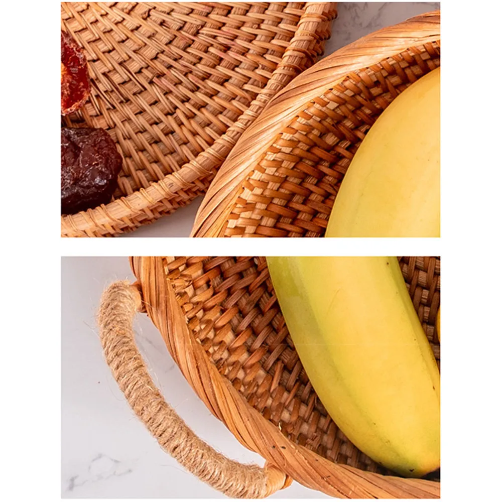 

Hand-woven Storage Basket Rattan Portable Round Tray Home Decor